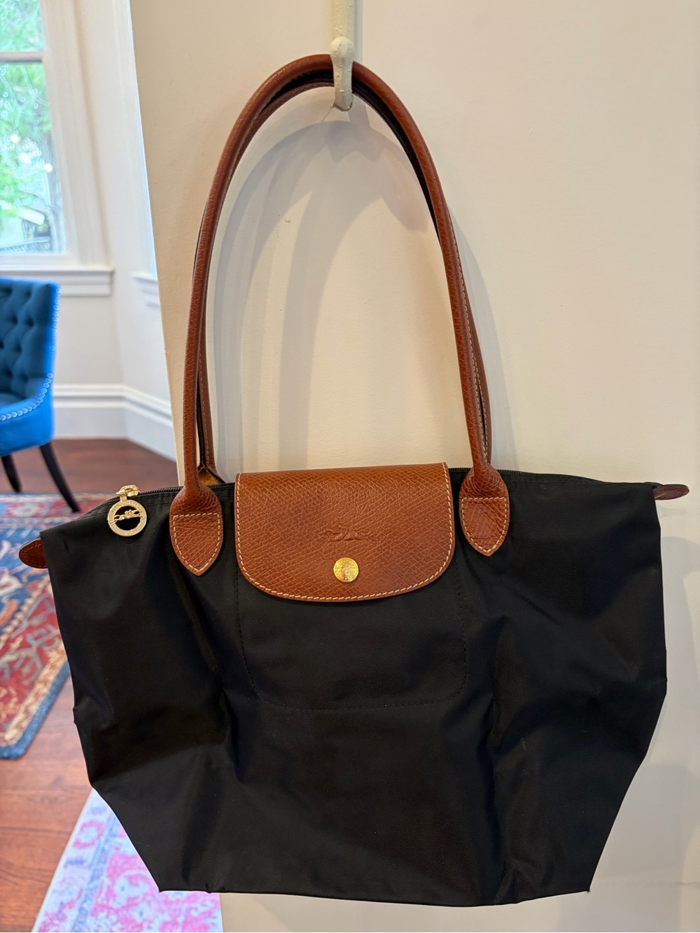 Longchamp Black Nylon Tote with Brown Leather Trim and Handles